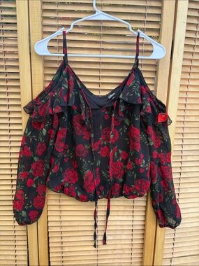 Disney Black Cold-Shoulder Camisole with Red Rose Print